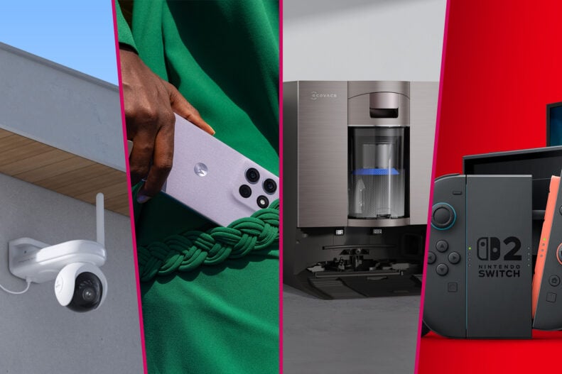 Black Friday collage of a security camera, phone, robot vacuum, and a Nintendo Switch 2