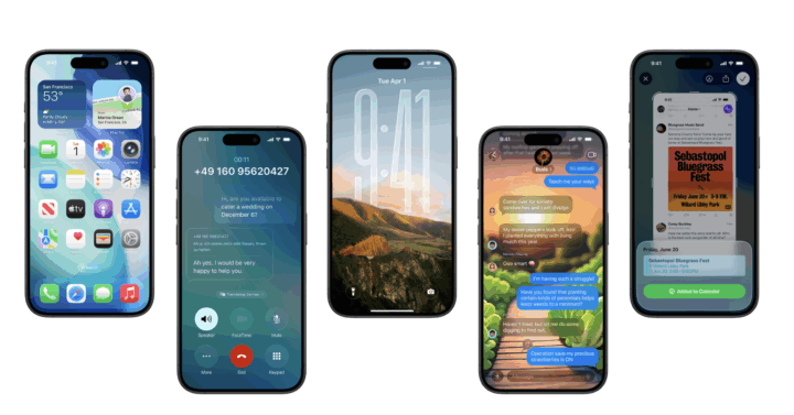Many iPhones showing different iOS26 features