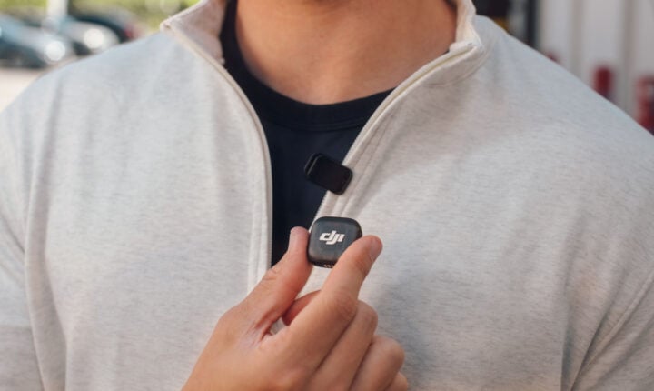 DJI Mic 3 clipped onto sweater