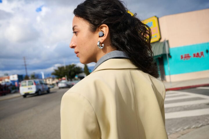 Googel Pixel Buds 2 Pro Moonstone model walking away