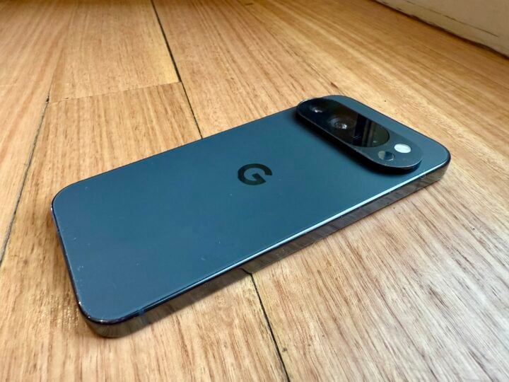 Google Pixel 10 Pro rear angle on wooden surface