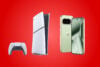 PlayStation 5 digital edition and Google Pixel 10 Pro XL on red background