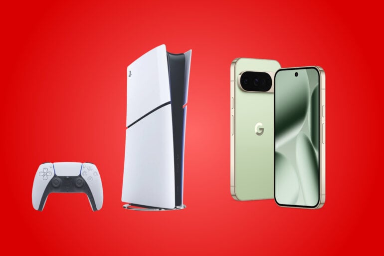 PlayStation 5 digital edition and Google Pixel 10 Pro XL on red background