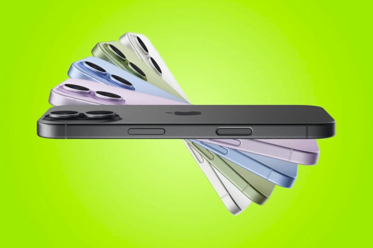 Apple iPhone 17 colours stacked on green background