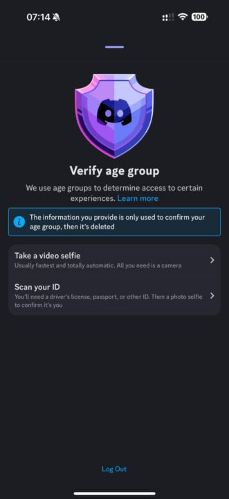 Discord age verification screenshot