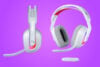 Logitech G Astro A20 X headset two angles purple background
