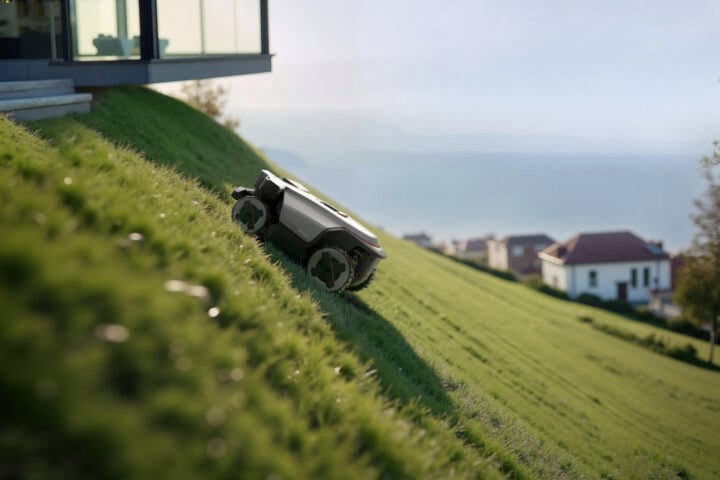 Roborock RockMow Z1 climbing a grassy hill