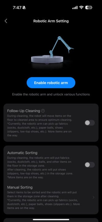 Roborock app enable mechanical arm setting