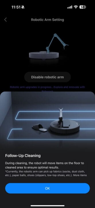 Roborock app mechanical arm settings