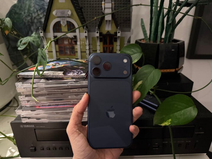 iPhone 17 Pro Max blue in front of sound system
