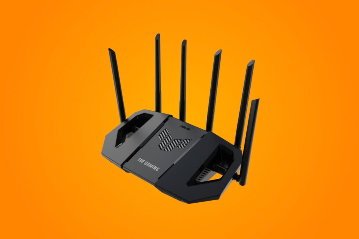 Asus TUF Gaming BE6500 router orange background