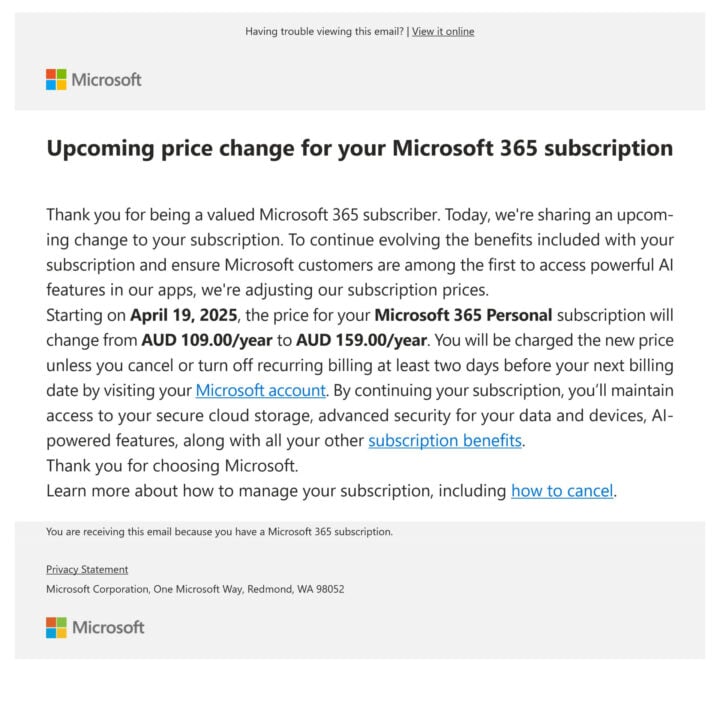 Microsoft subscription renewal email supplied by ACCC