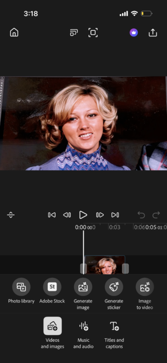 Premiere mobile interface showing generative AI video