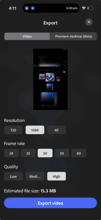 Premiere mobile interface showing export settings