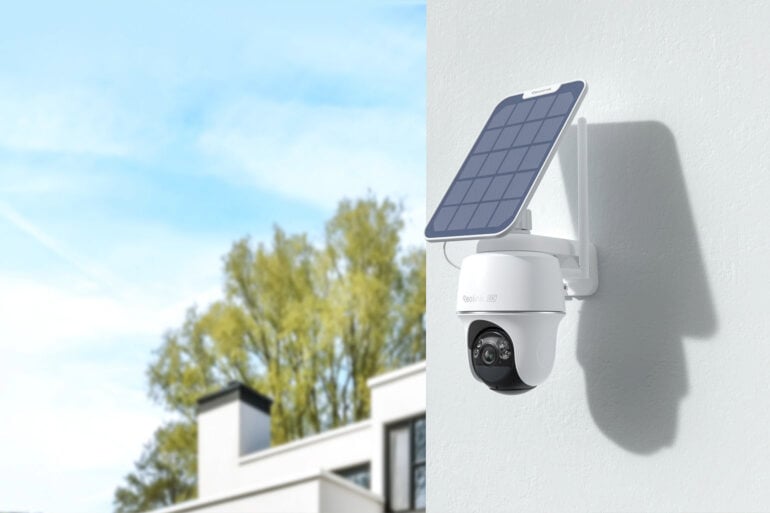 Reolink Argus PT Ultra camera with solar panel on outdoor wall
