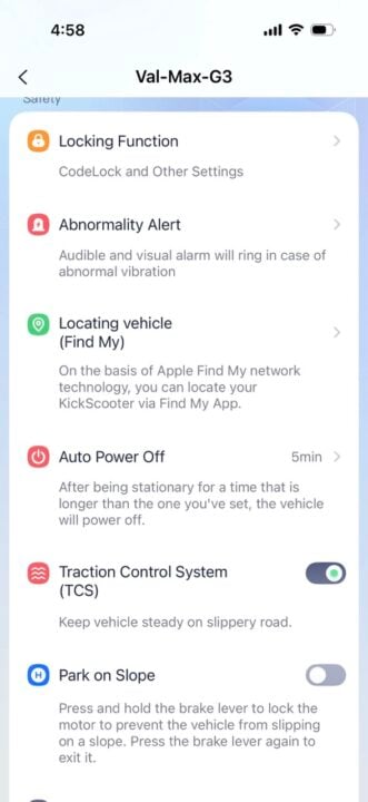 Segway-Ninetbot Max G3 app settings screen.