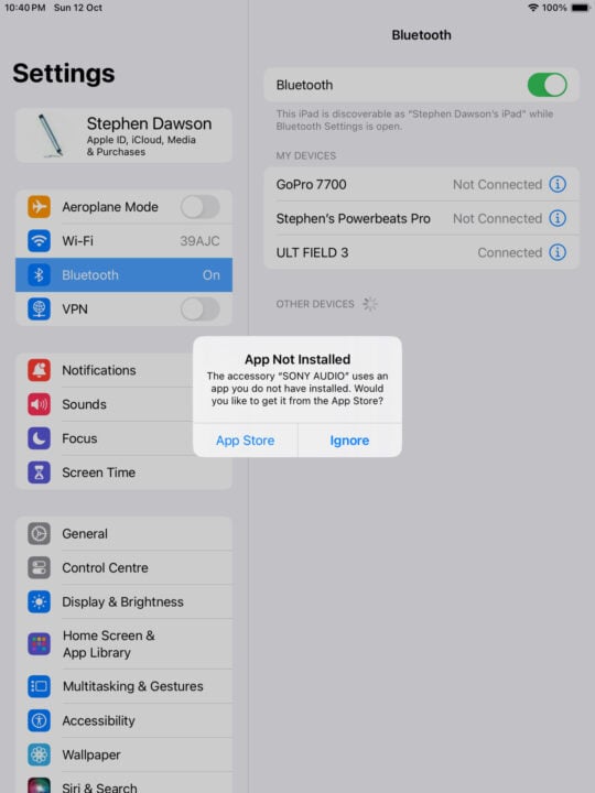 Sony Audio notification iPadOS