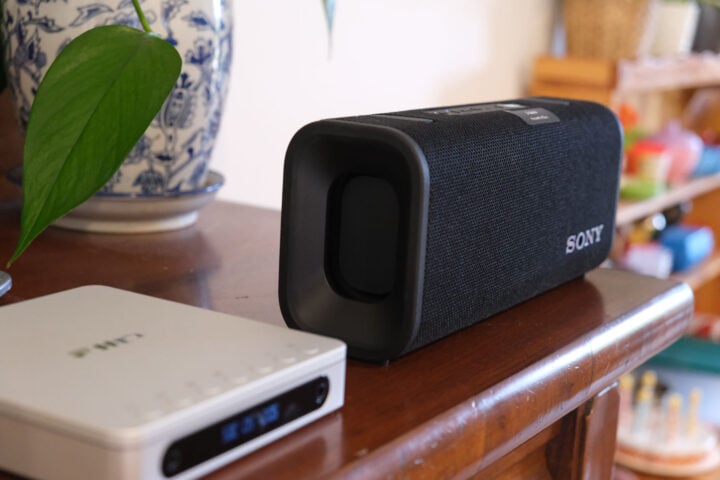 Sony Ult Field 3 Bluetooth speaker next to CD player