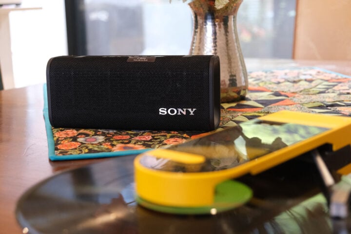 Sony Ult Field 3 Bluetooth speaker with turntable in foreground