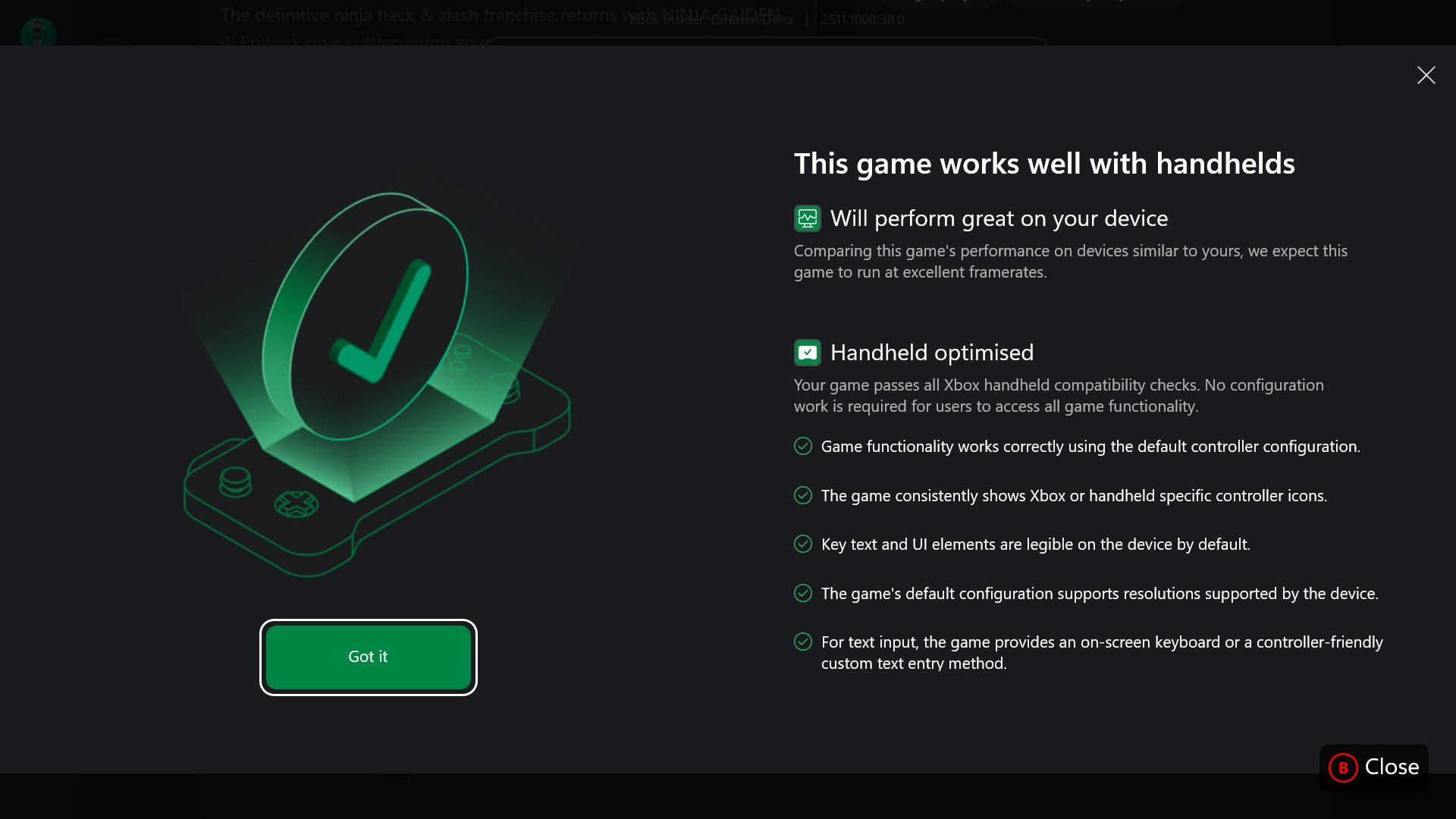 Xbox handheld optimised supported