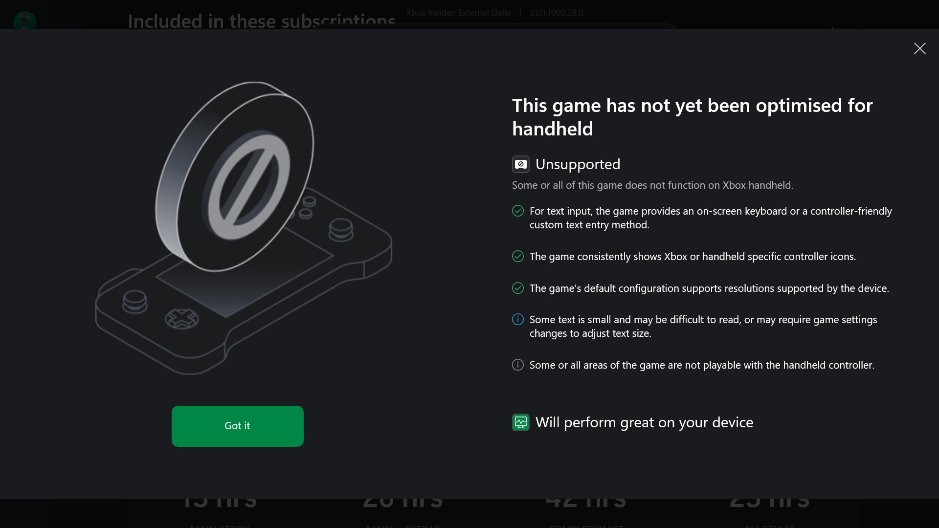 Xbox handheld optimised unsupported