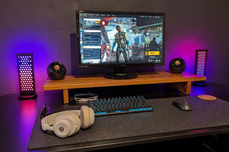 Nanoleaf pegboard light stands on a desk
