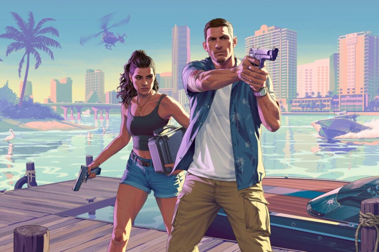 GTA 6 promo art Lucia and Jason pier