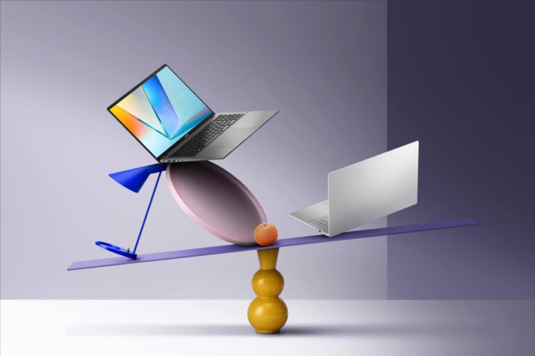 Asus Vivobook S16 laptops balancing on scales