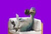 Dodo mascot on chair purple background