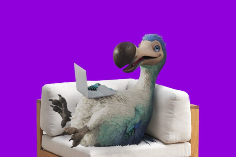 Dodo mascot on chair purple background
