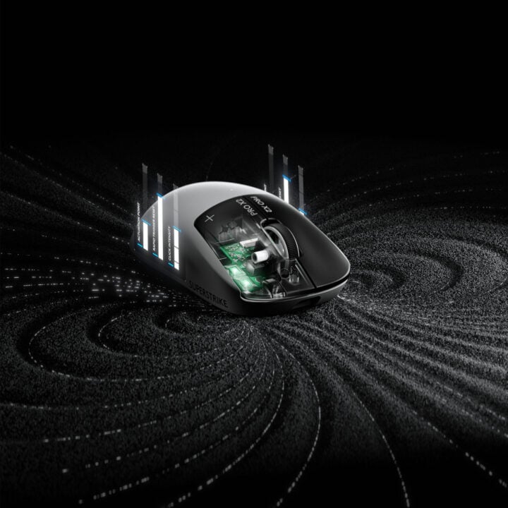Logitech G Pro X2 Superstrike Lightspeed mouse internal graphic on angle