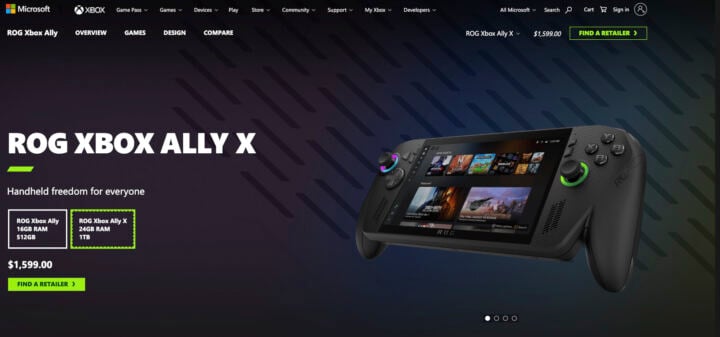 ROG Xbox Ally X website price screenshot
