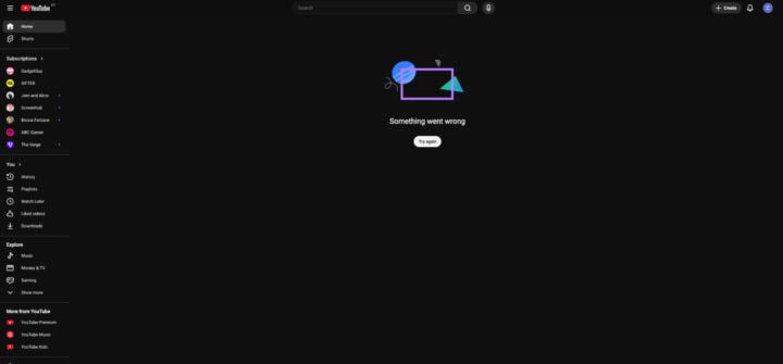 YouTube error home page screenshot