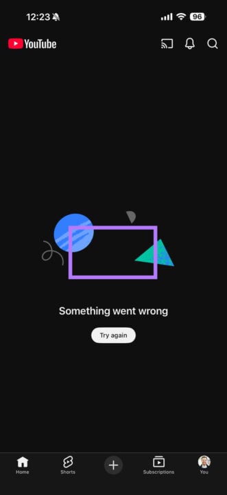YouTube home page error mobile app screenshot