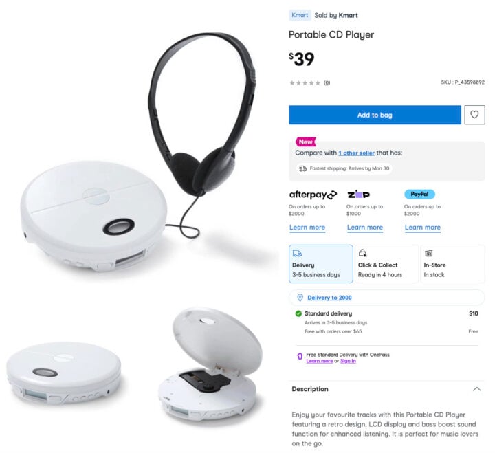 Kmart listing of an Anko CD player