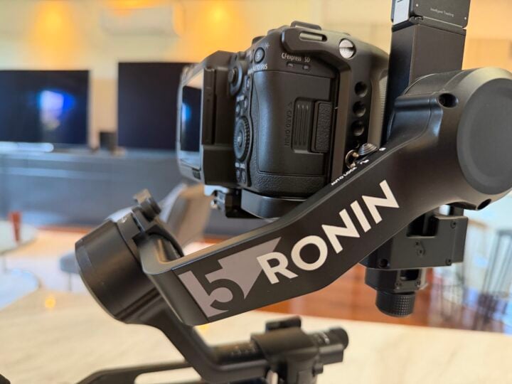 Rear view of DJI RS5 gimbal with Canon camera attached