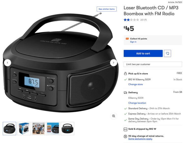 Big W listing of a Laser CD player