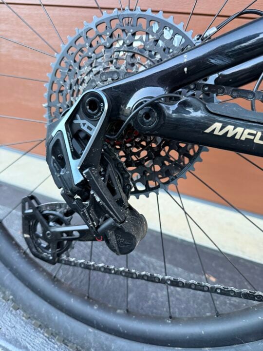 Close up showing 10-52T cassette and SRAM X0 Eagle Transmission (electronic)
