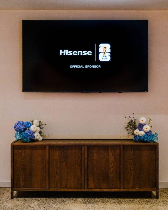Hisense UR9 RGB Mini LED TV above cabinet