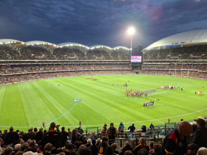 Night photo of a footy stadium