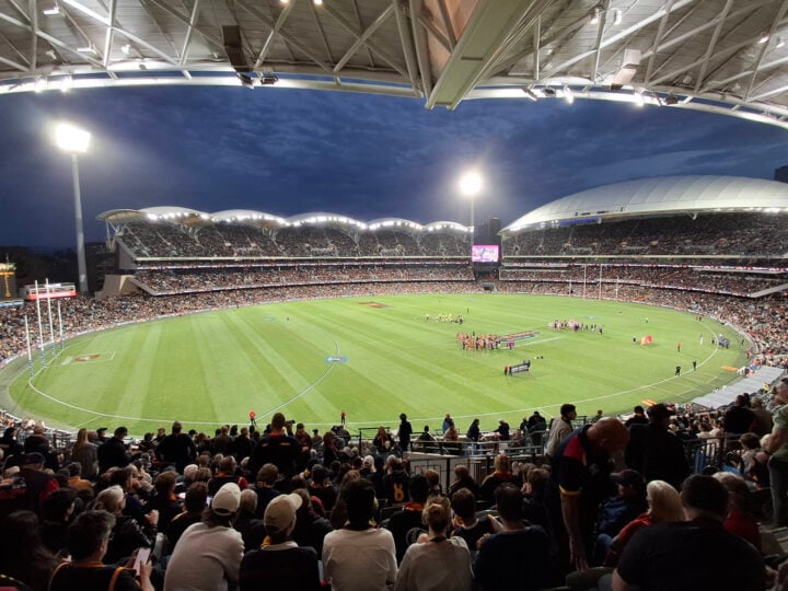 Ultra-wide angle of a footy stadium at night