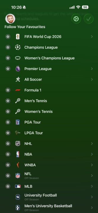 Apple Sports app team selection