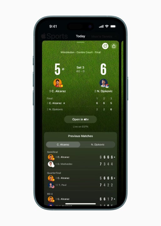 Apple Sports showing tennis