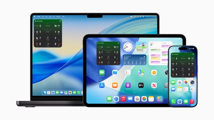 Apple Sports widget on laptop, tablet and phone.