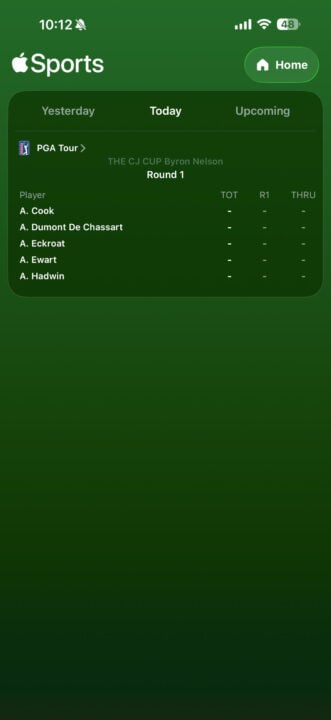 Apple Sports home screen showing PGA
