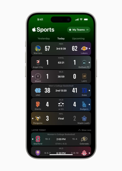 Apple Sport app showing favourite teams