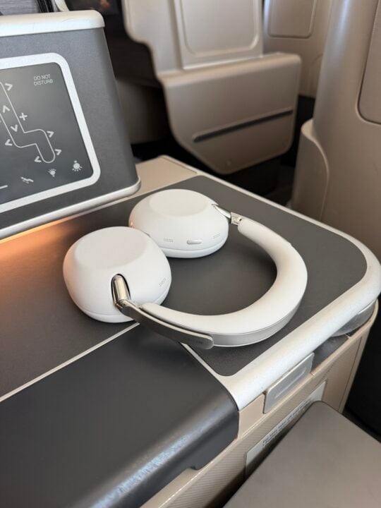 Sony 1000X in business class on plane showing headband