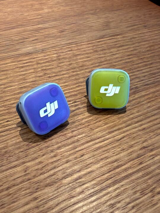 DJI Mic Mini 2 with colour covers in purple and yellow