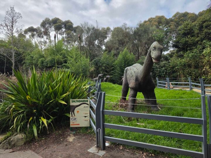 Wide-angle photo of a model dinosaur