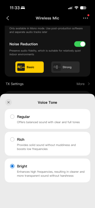 DJI Mimo interface showing voice tone options